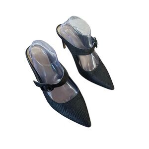 Ann Taylor Size 10 Black Woven Man Made Pointed Toe Mary Jane Heeled Mules